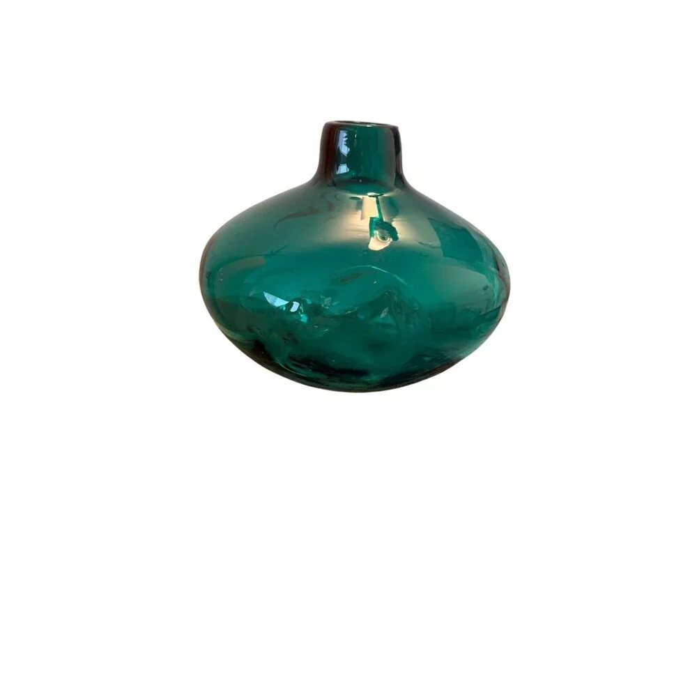 Hand Blown Mid-century Modern Art Heavy  Glass Pinched Vase Green Collectible